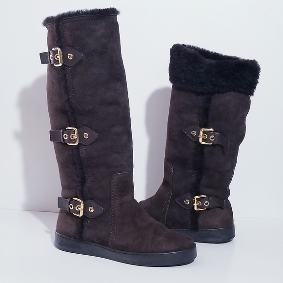 LOUIS VUITTON Brown Suede Shearling Lined Buckle Detail Knee High Flat Boots - Picture 1 of 16